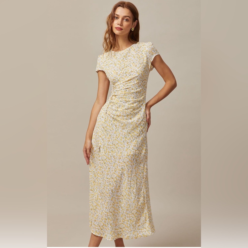 Yellow Floral Round Neck Midi Dress